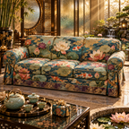 One sofa cover with an original Water Lily Teahouse Gratitude Garden and maximum-depth printed illusion.