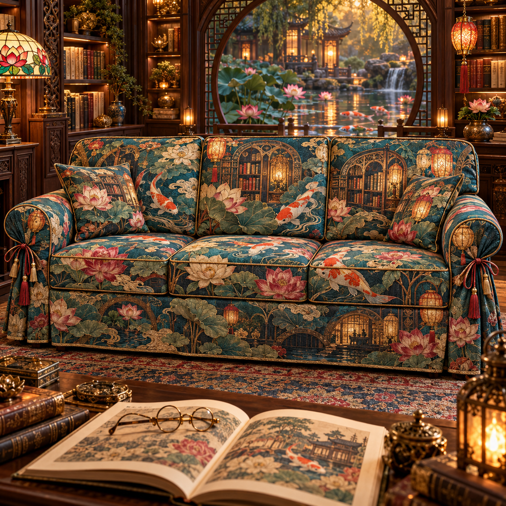 One sofa cover with an original Koi Lotus Lantern Library and maximum-depth printed illusion.