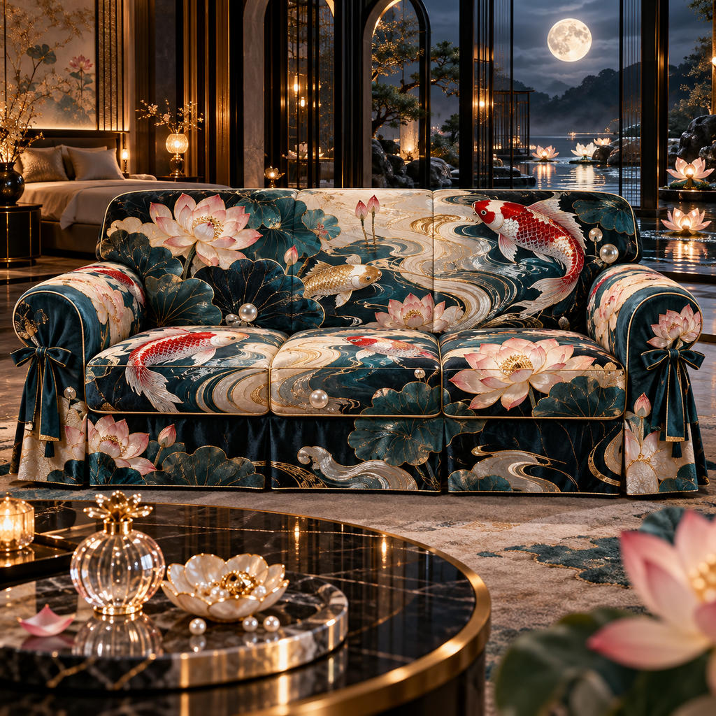 One sofa cover with an original Koi Lotus Moonstone Suite and maximum-depth printed illusion.