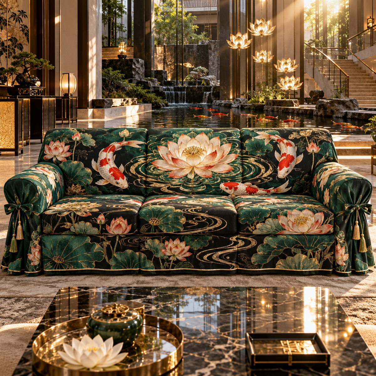 One sofa cover with an original Koi Lotus Emerald Salon and maximum-depth printed illusion.