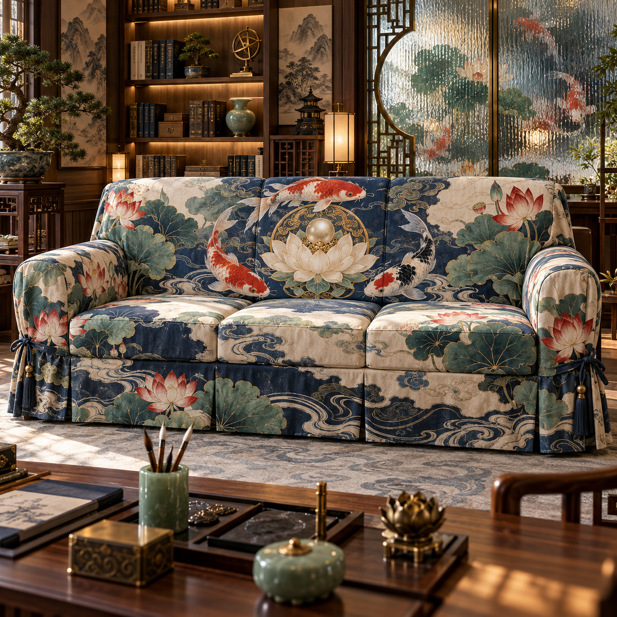 One sofa cover with an original Koi Lotus Scholar Atrium and maximum-depth printed illusion.