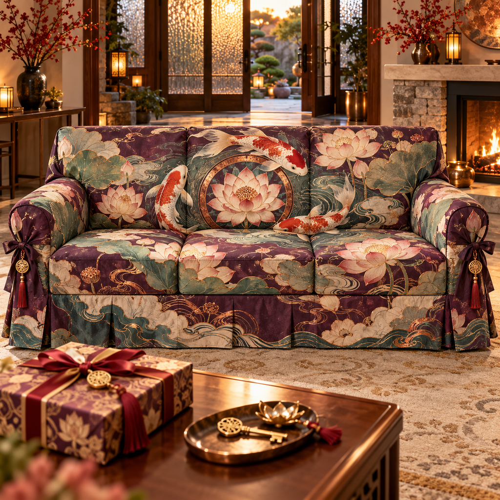 One sofa cover with an original Koi Lotus Hearth Blessing and maximum-depth printed illusion.