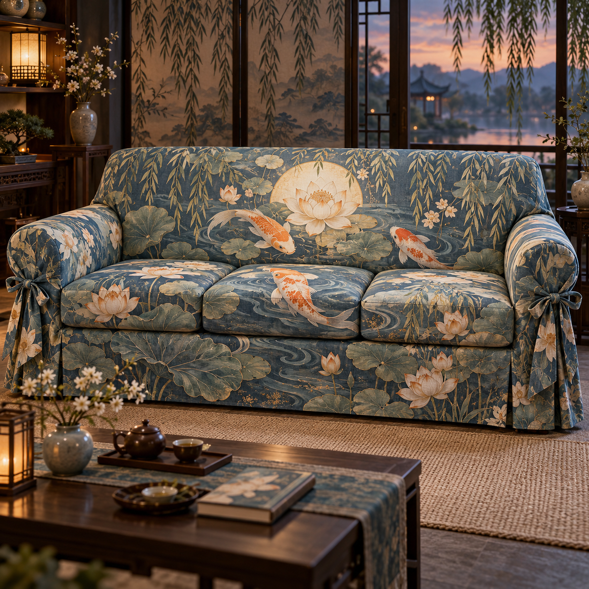 One sofa cover with an original Koi Lotus Willow Reverie and maximum-depth printed illusion.