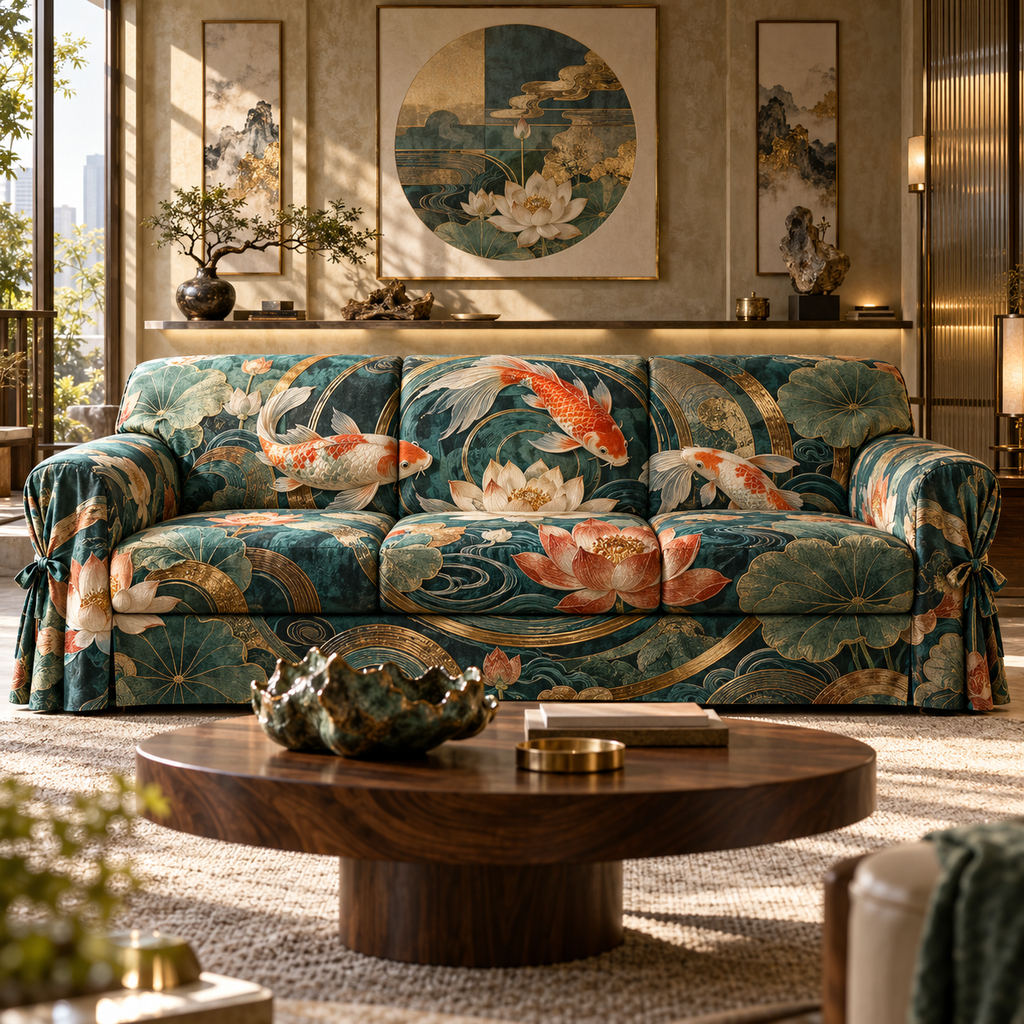 One sofa cover with an original Koi Lotus Prism Gallery and maximum-depth printed illusion.