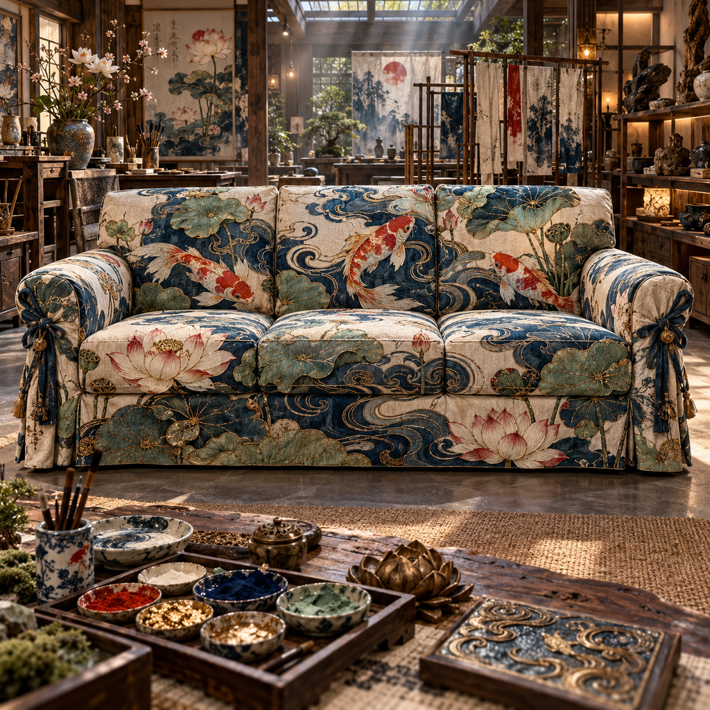 One sofa cover with an original Koi Lotus Atelier Current and maximum-depth printed illusion.