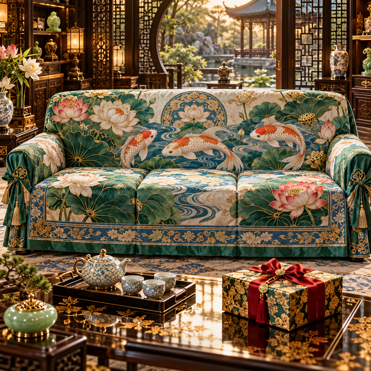 One sofa cover with an original Koi Lotus Gracious Pavilion and maximum-depth printed illusion.