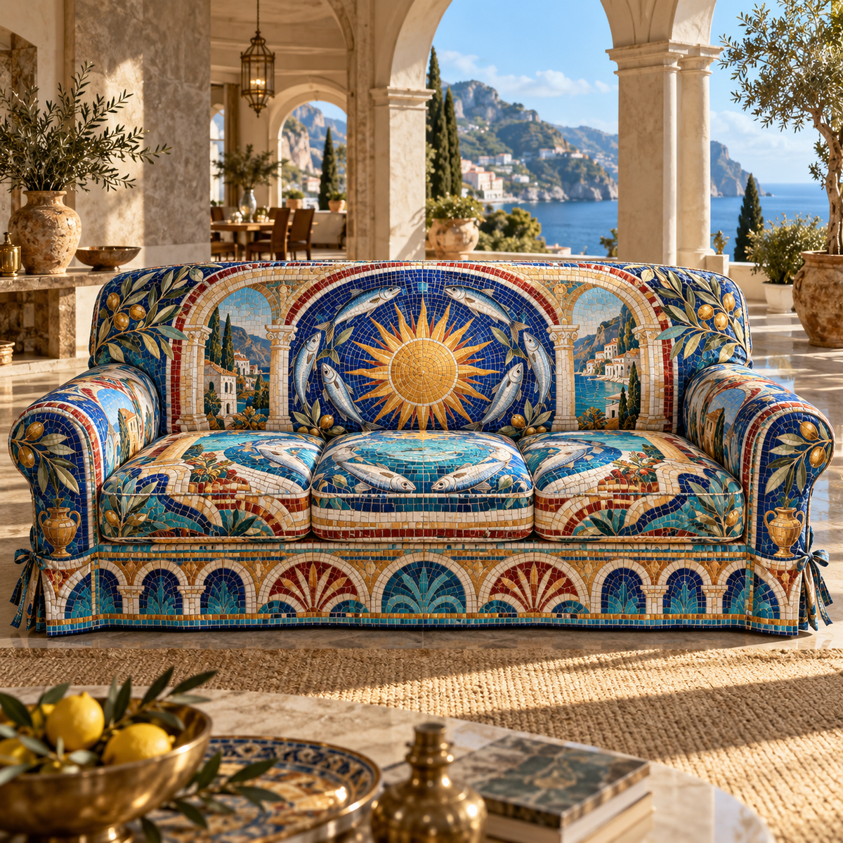 One sofa cover with an original Sardine Salon Mosaic Portal and maximum-depth printed illusion.