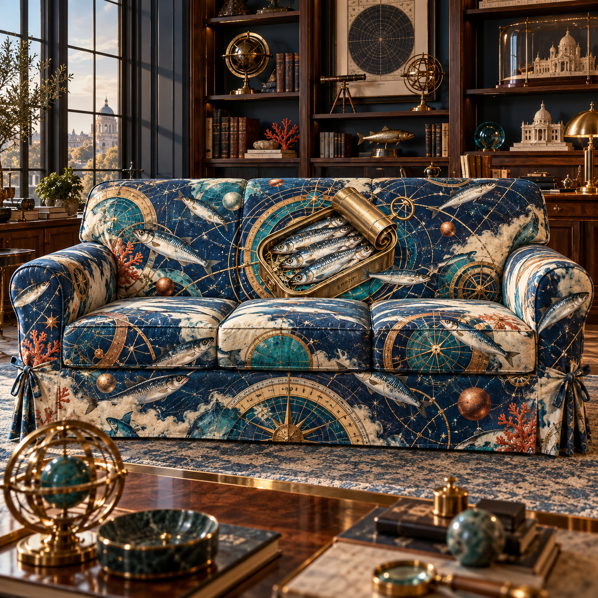One sofa cover with an original Sardine Blueprint Observatory and maximum-depth printed illusion.