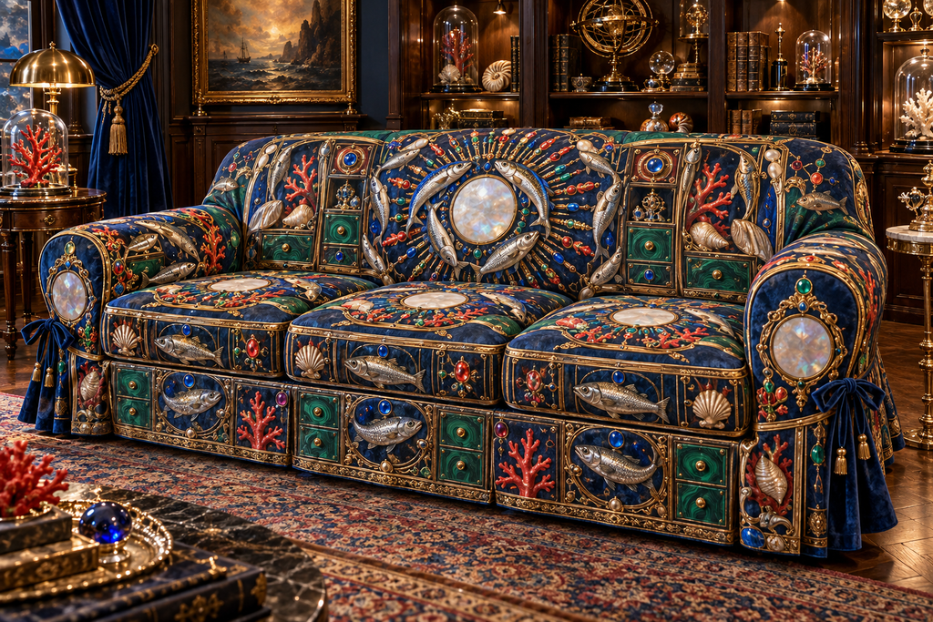One sofa cover with an original Sardine Birthday Cabinet of Tides and maximum-depth printed illusion.