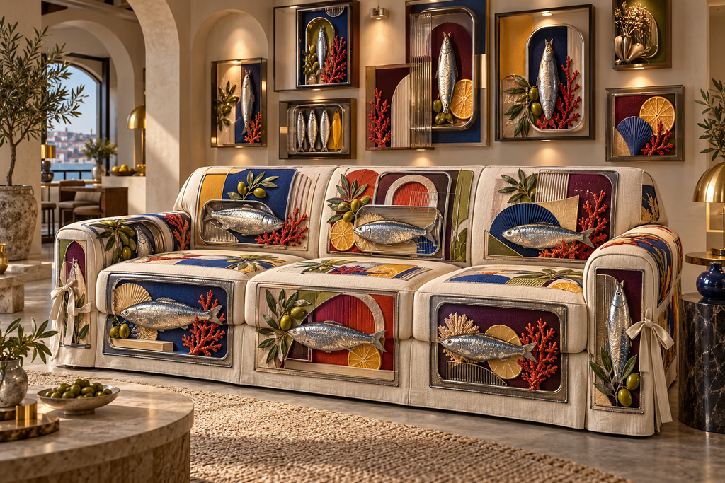 One sofa cover with an original Sardine Chromatic Shadowbox Salon and maximum-depth printed illusion.