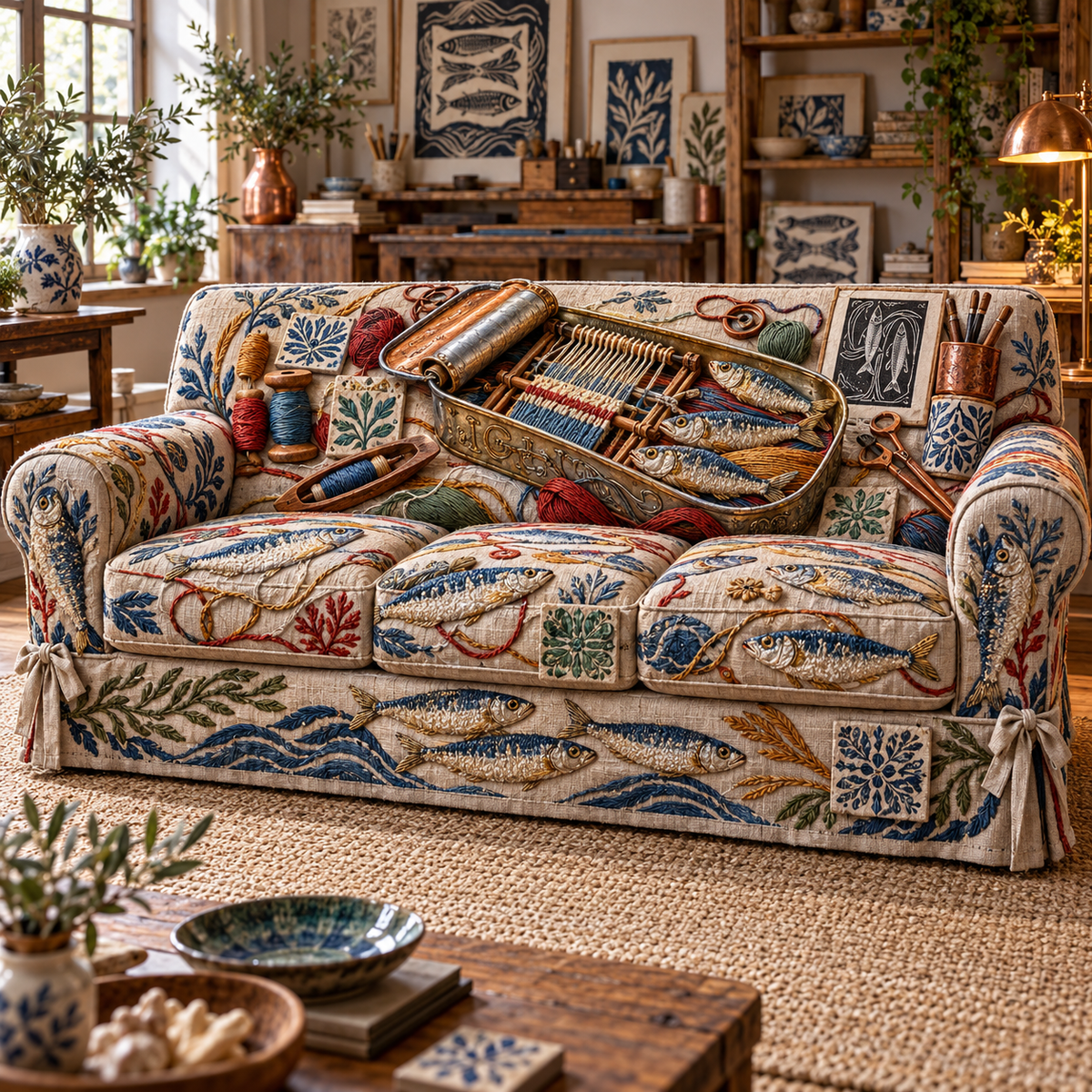 One sofa cover with an original Sardine Maker Loom Atelier and maximum-depth printed illusion.