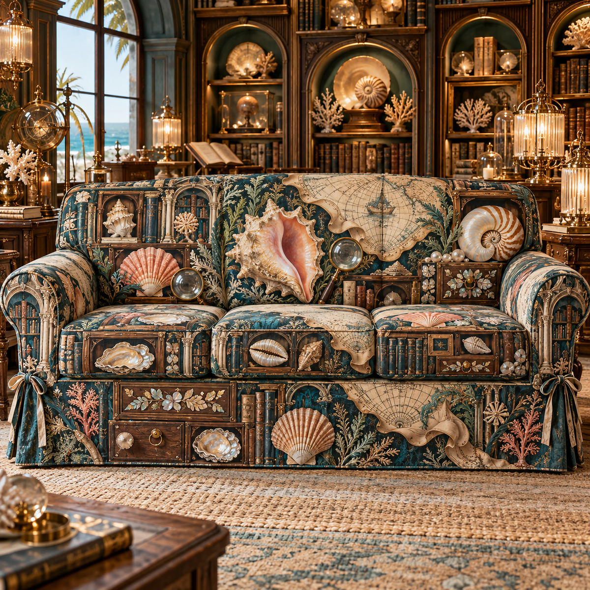 One sofa cover with an original Seashell Cartographer Lantern Library and maximum-depth printed illusion.