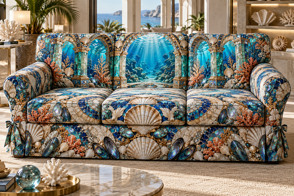 One sofa cover with an original Seashell Tidal Mosaic Atrium and maximum-depth printed illusion.