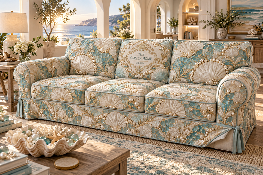 One sofa cover with an original Seashell Pearl Address Sanctuary and maximum-depth printed illusion.