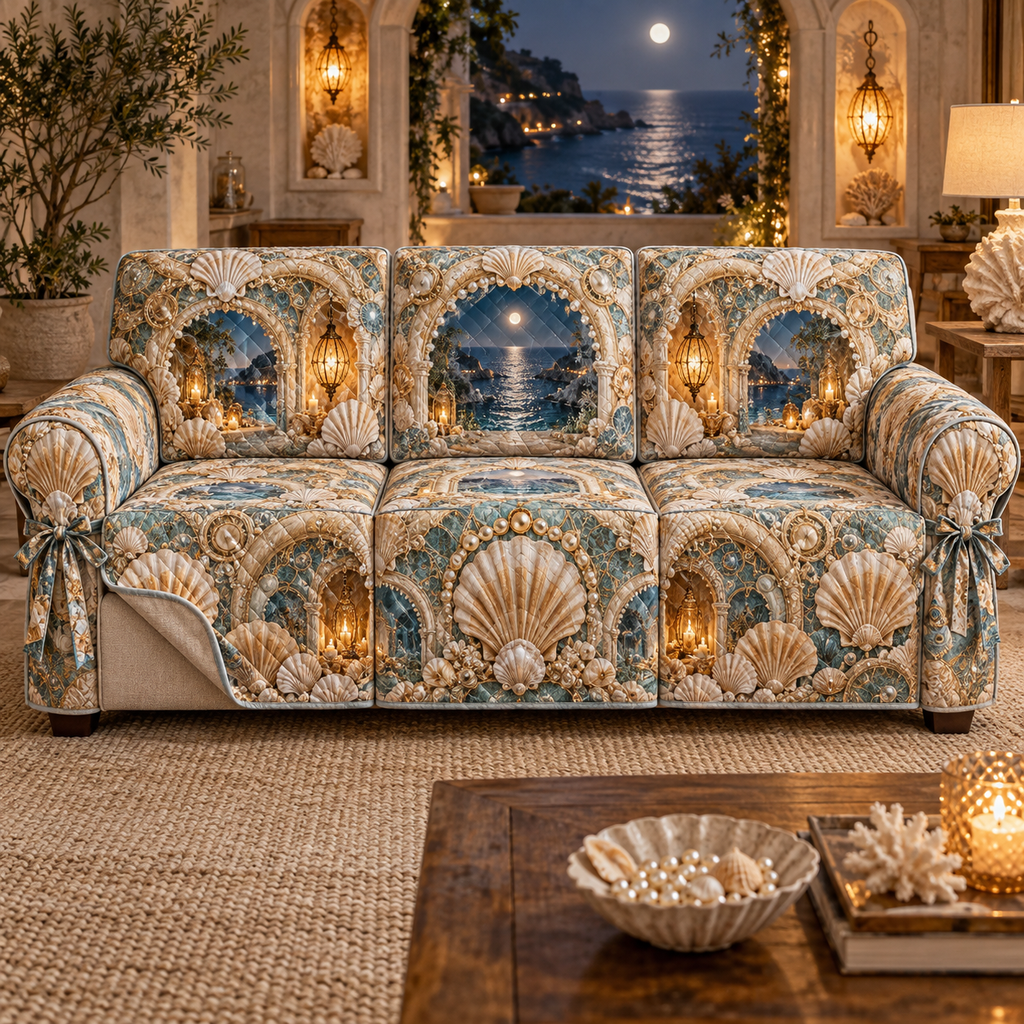 One sofa cover with an original Seashell Amber Grotto Alcove and maximum-depth printed illusion.