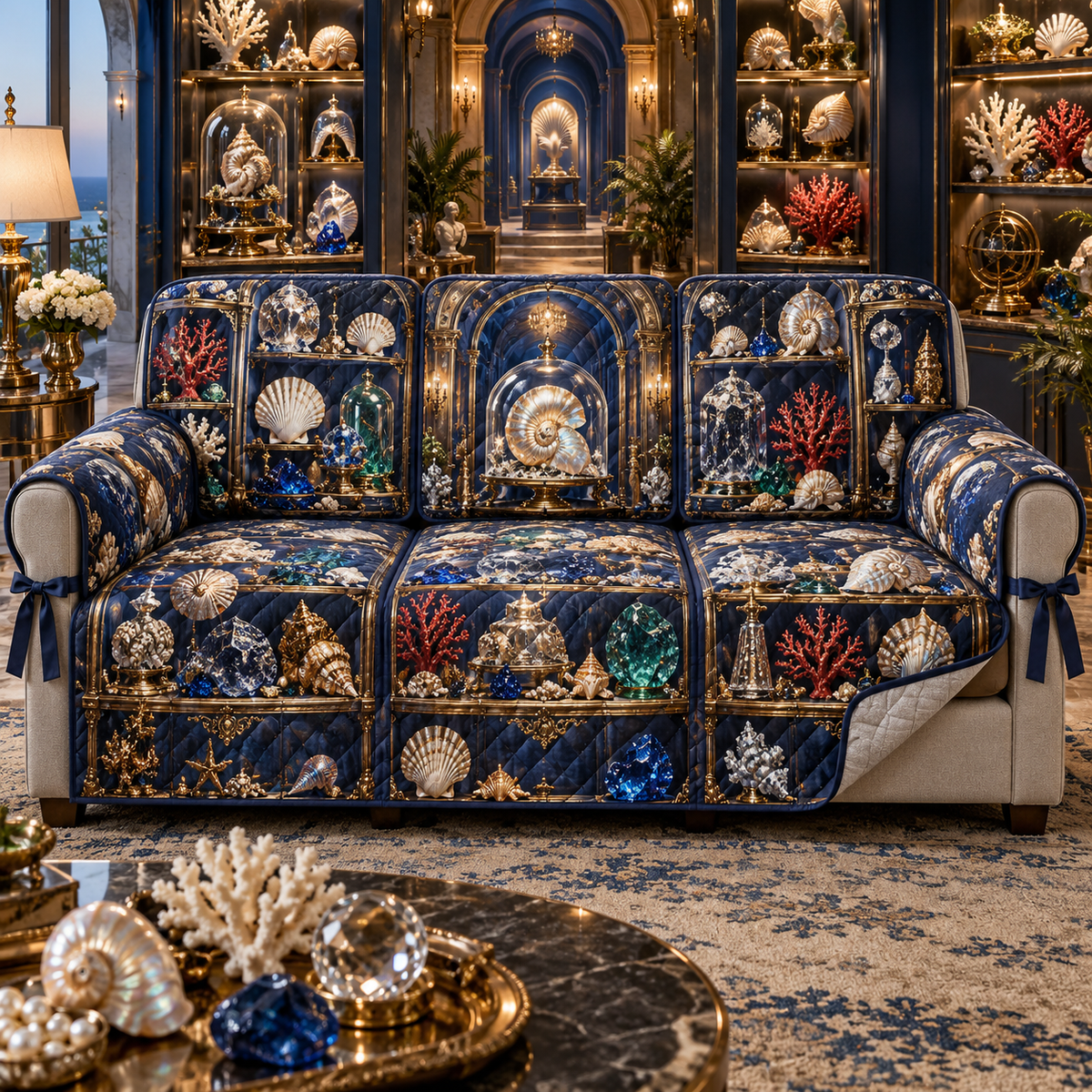One sofa cover with an original Seashell Jewel Curio Jubilee and maximum-depth printed illusion.