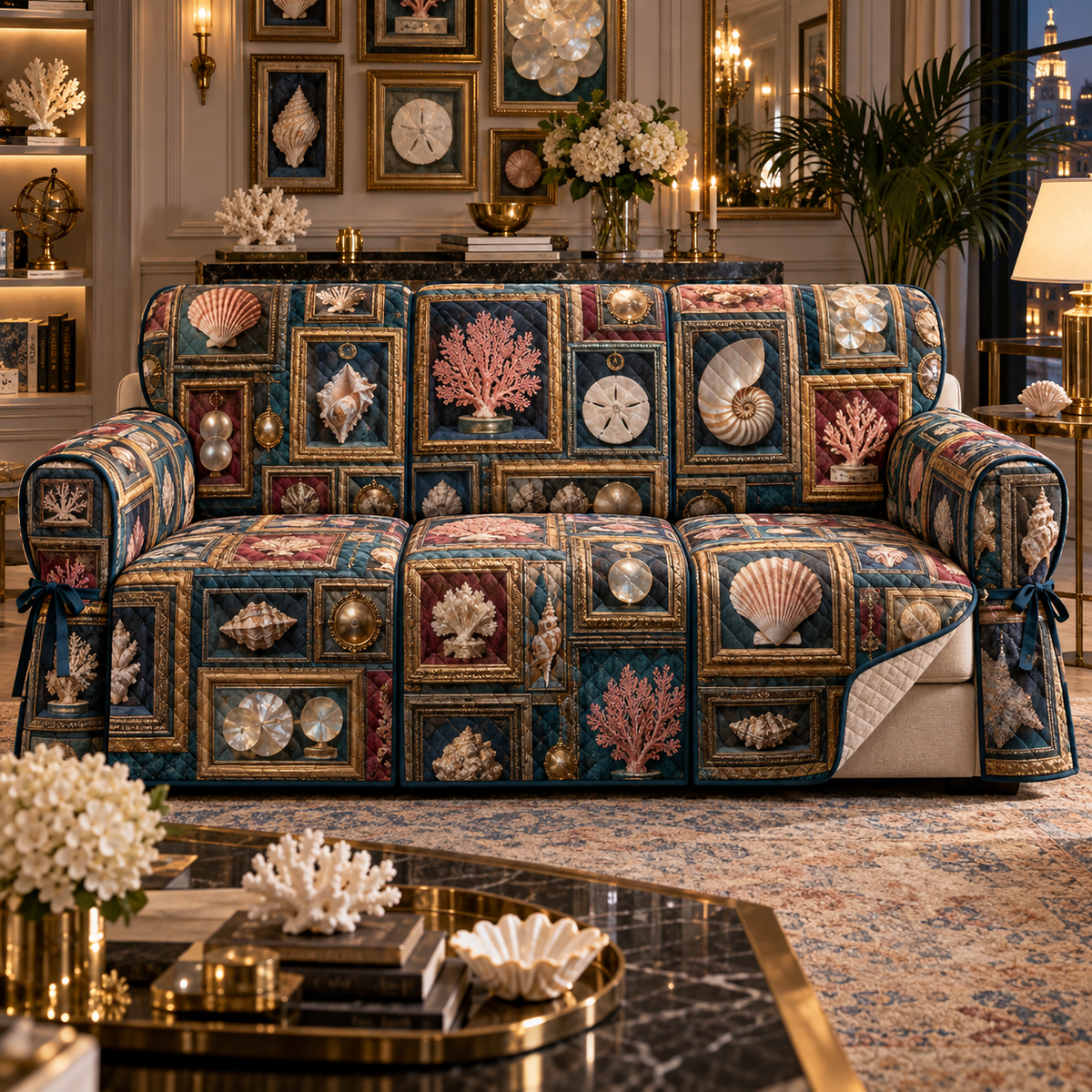 One sofa cover with an original Seashell Prism Shadowbox Salon and maximum-depth printed illusion.