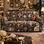 One sofa cover with an original Seashell Prism Shadowbox Salon and maximum-depth printed illusion.