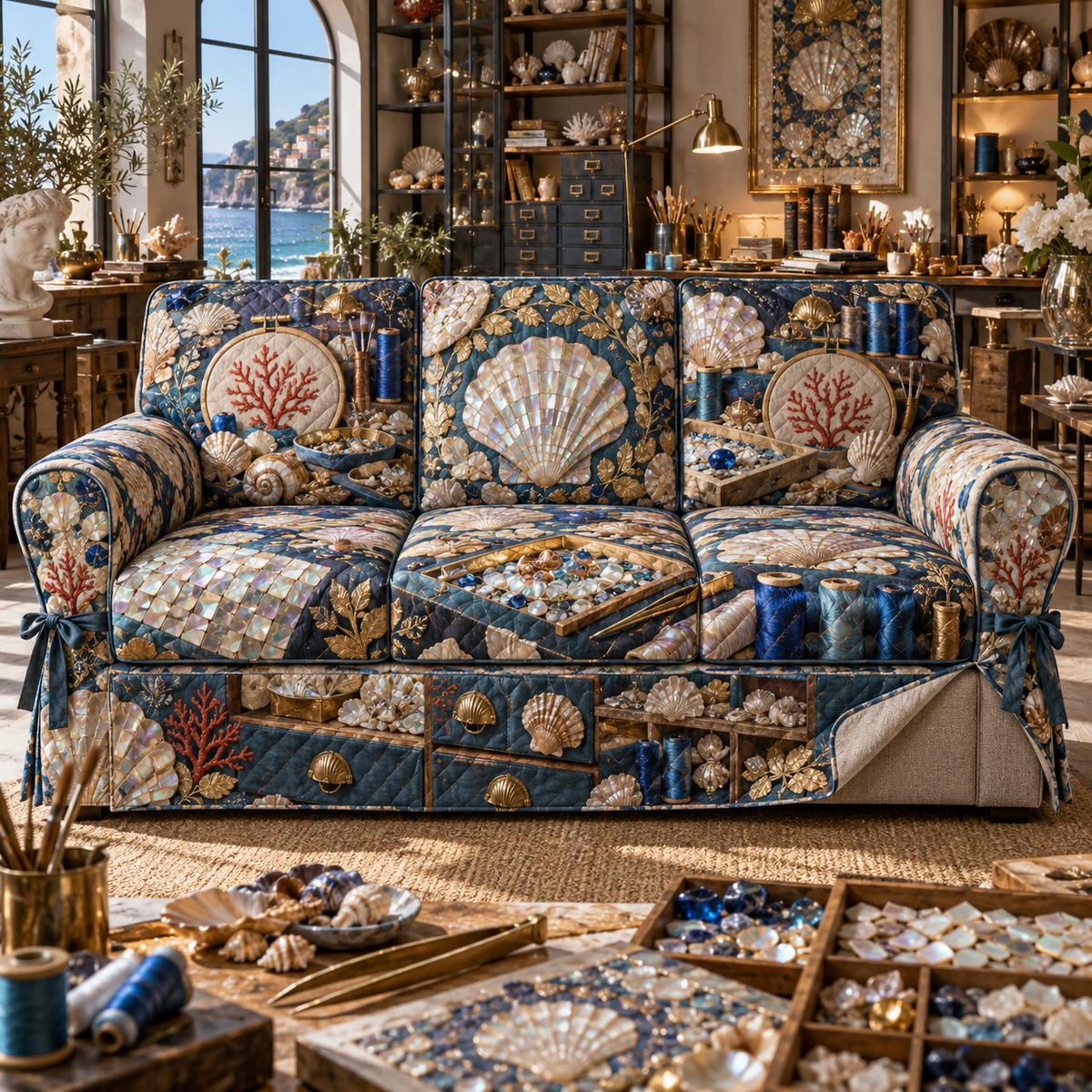 One sofa cover with an original Seashell Maker Mosaic Atelier and maximum-depth printed illusion.