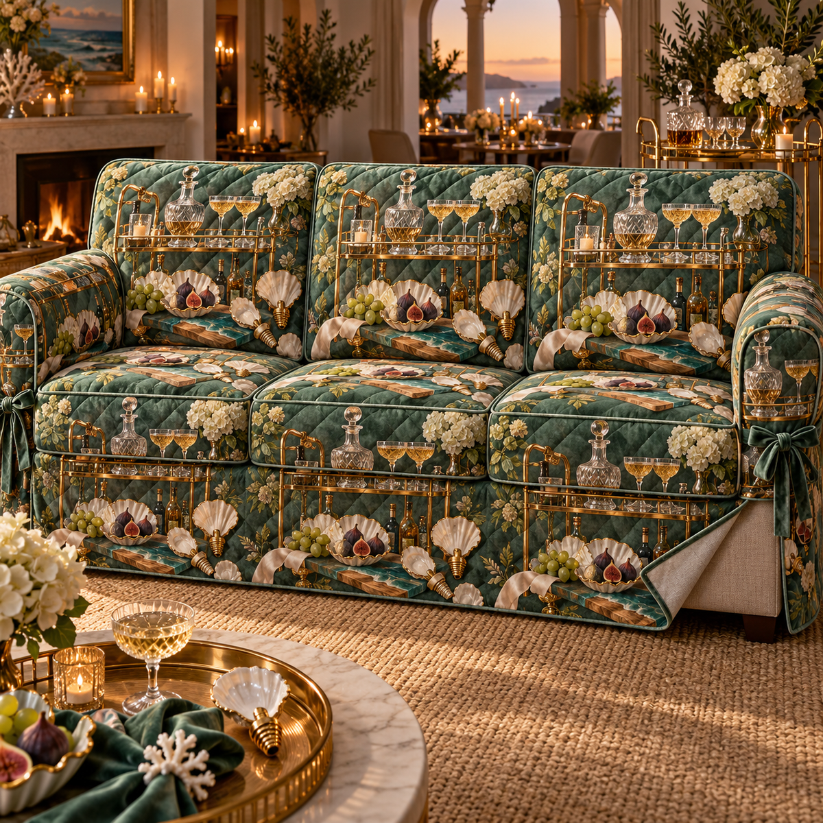 One sofa cover with an original Seashell Gilded Aperitif Cart and maximum-depth printed illusion.