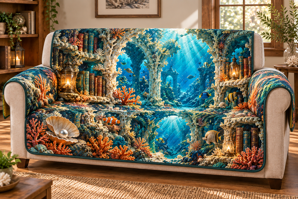 One-piece quilted protective sofa throw draped over a neutral sofa, original Coral Reef Lantern Library optical-depth print.