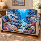 One-piece quilted protective sofa throw draped over a neutral sofa, original Coral Reef Sapphire Atrium optical-depth print.