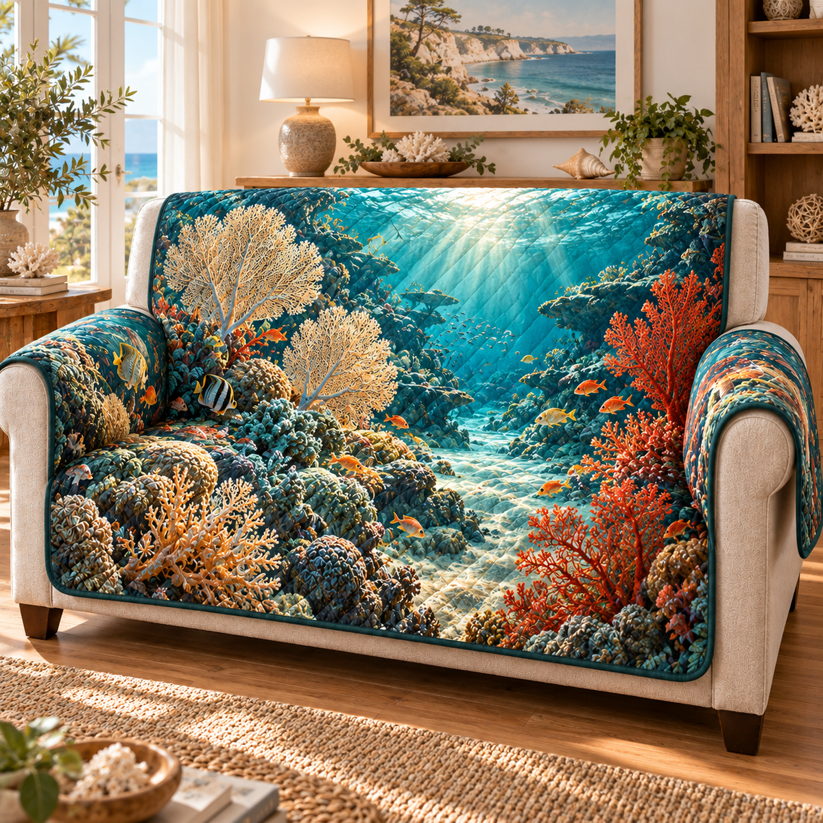 One sofa cover with original Coral Reef Sunlit Gallery optical-depth print.