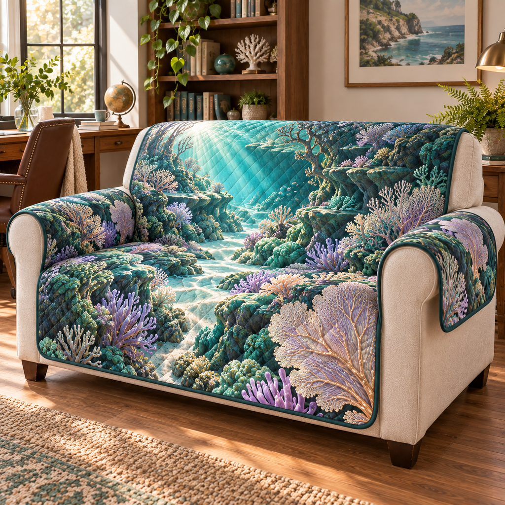One sofa cover with original Coral Reef Moonstone Passage optical-depth print.