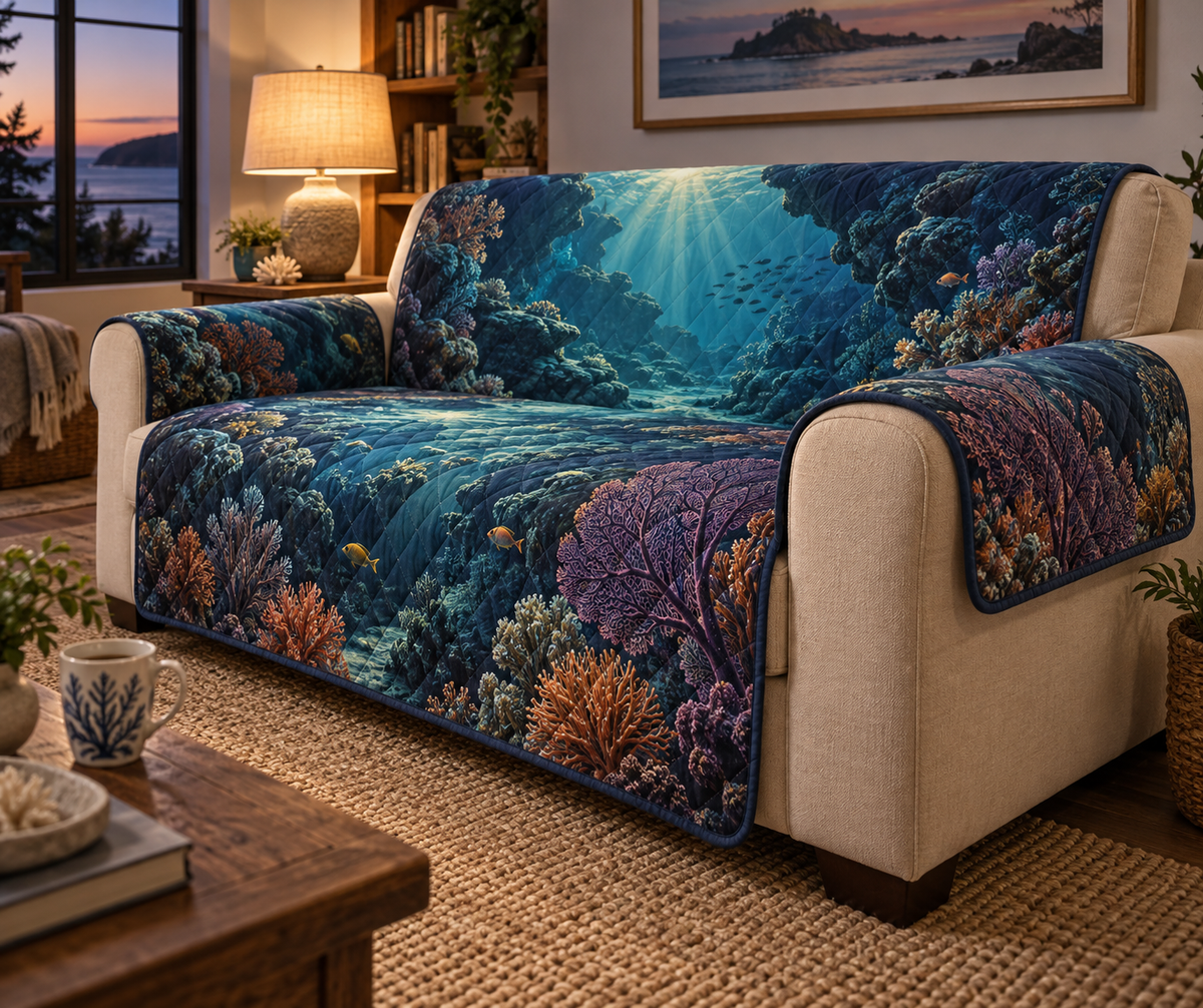 One sofa cover with original Coral Reef Dusk Alcove optical-depth print.