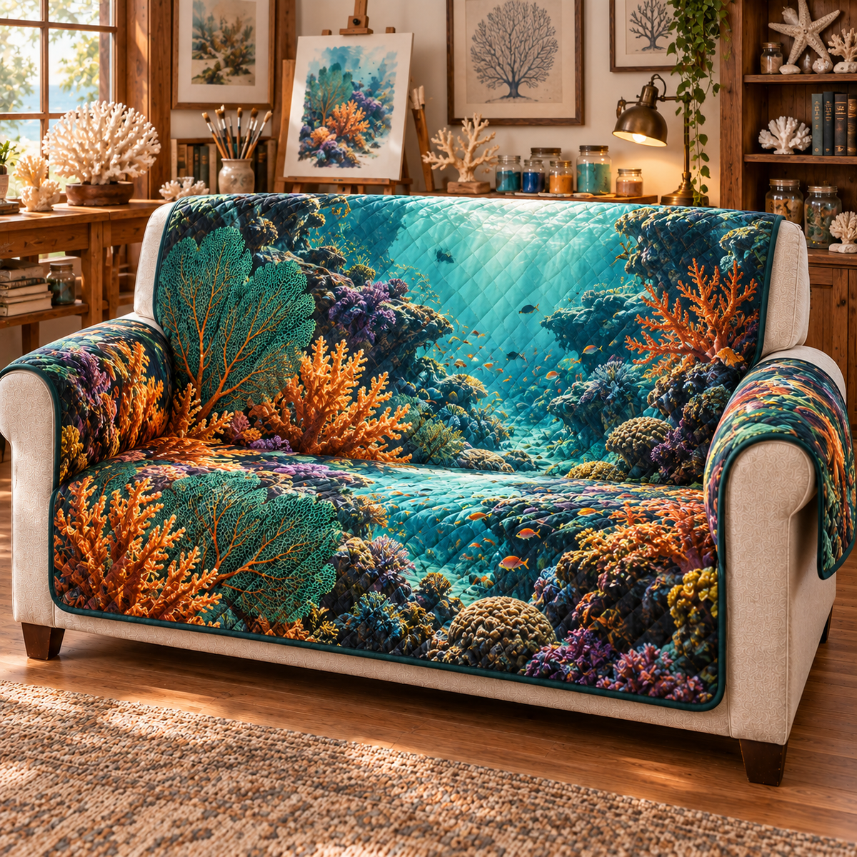 One sofa cover with original Coral Reef Atelier Current optical-depth print.
