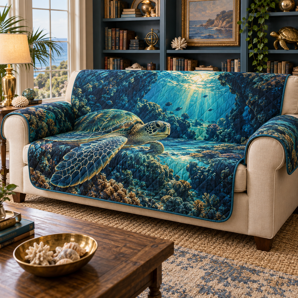 One sofa cover with original Sea Turtle Lagoon Reading Nook optical-depth print.