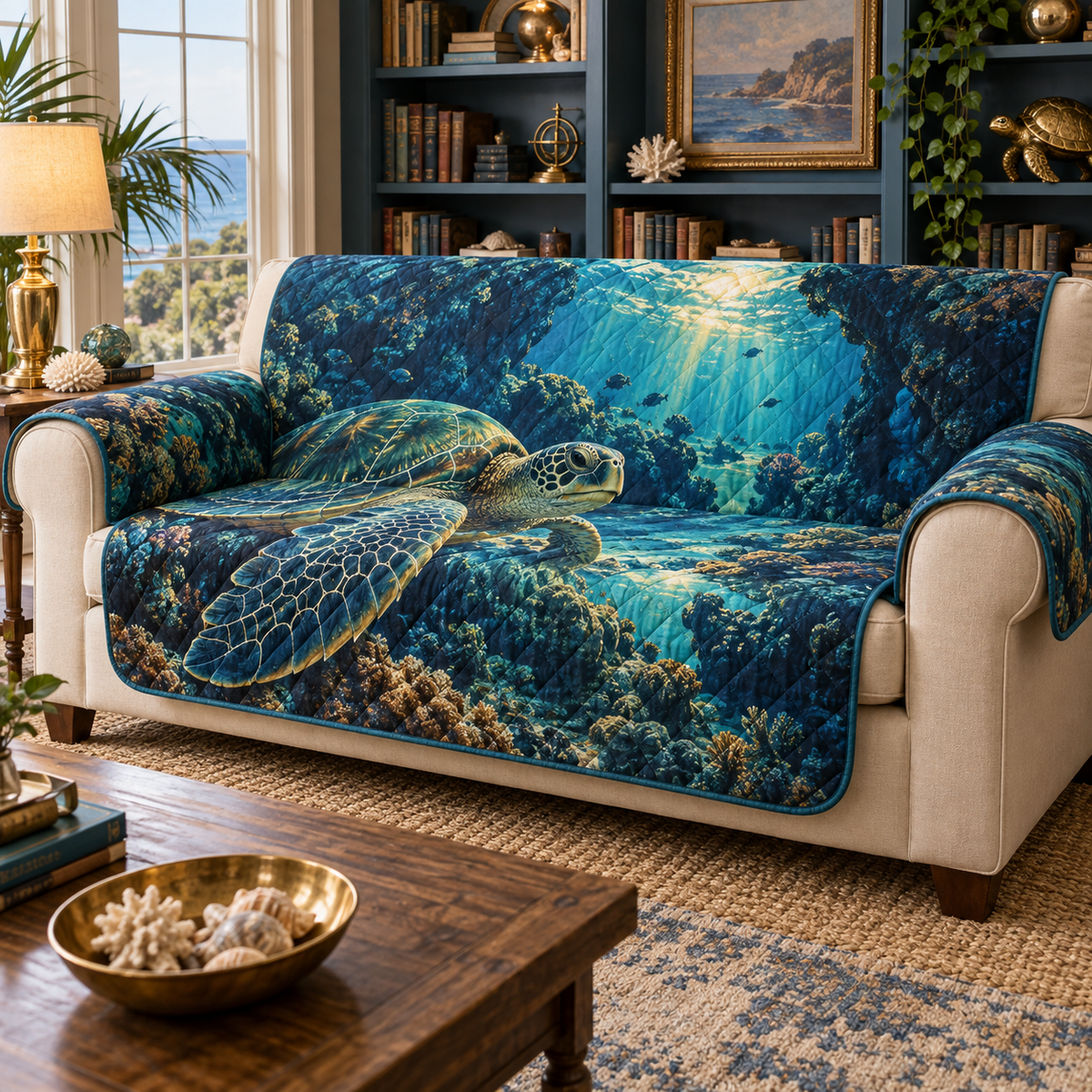 One sofa cover with original Sea Turtle Lagoon Reading Nook optical-depth print.