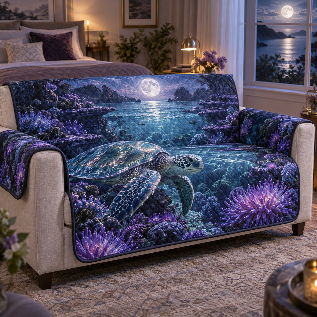 One sofa cover with original Sea Turtle Moon Garden optical-depth print.
