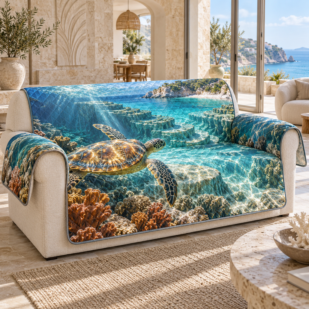 One sofa cover with original Sea Turtle Sunlit Terraces optical-depth print.