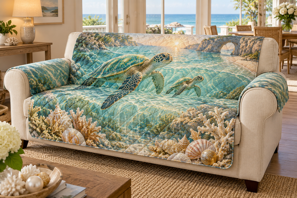 One sofa cover with original Sea Turtle Pearl Threshold optical-depth print.