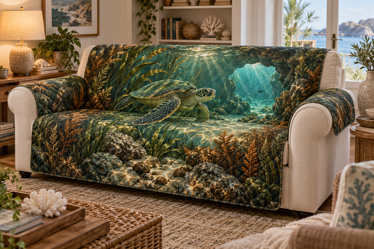 One sofa cover with original Sea Turtle Willow Grotto optical-depth print.