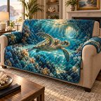 One sofa cover with original Sea Turtle Sapphire Reliquary optical-depth print.