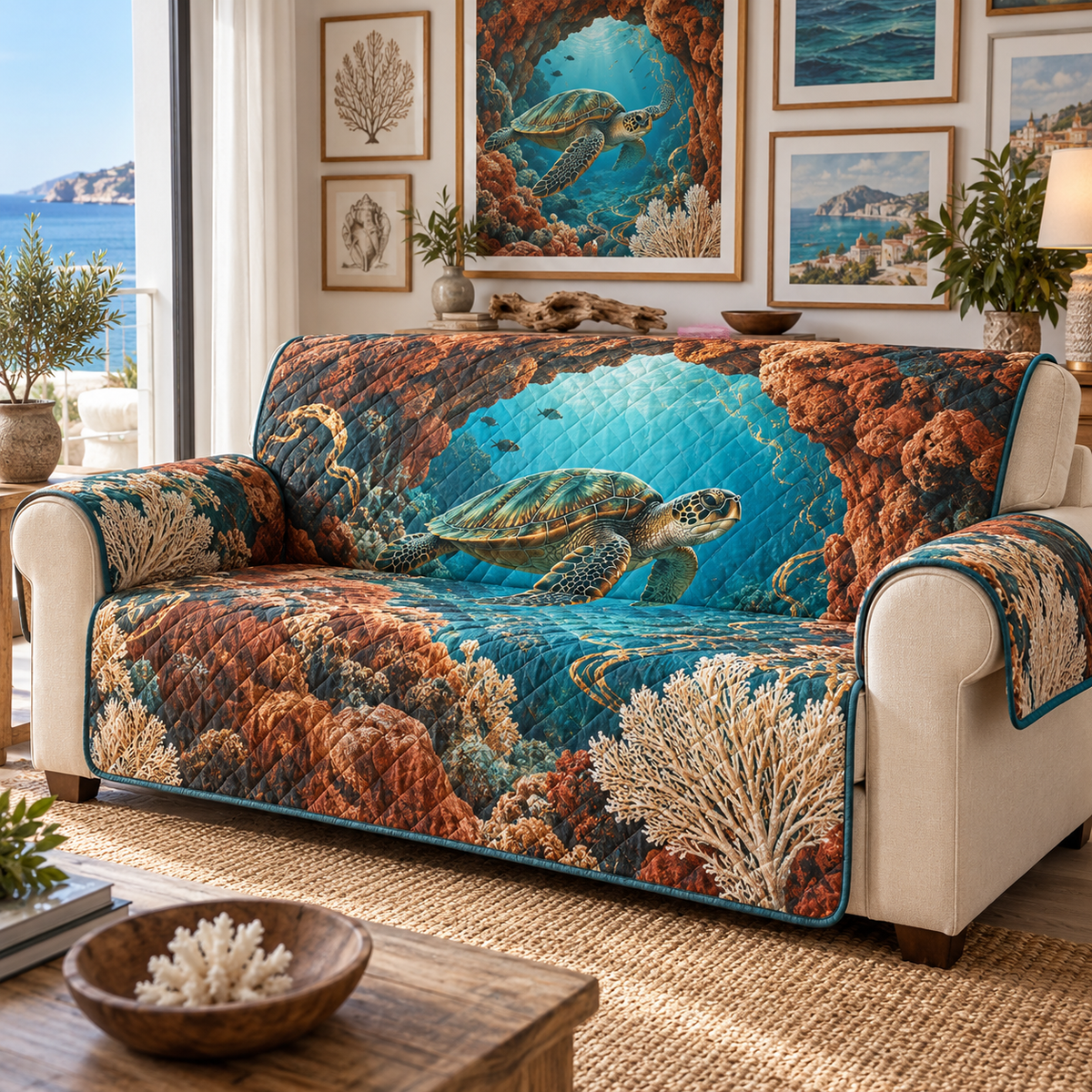 One sofa cover with original Sea Turtle Terracotta Portal optical-depth print.