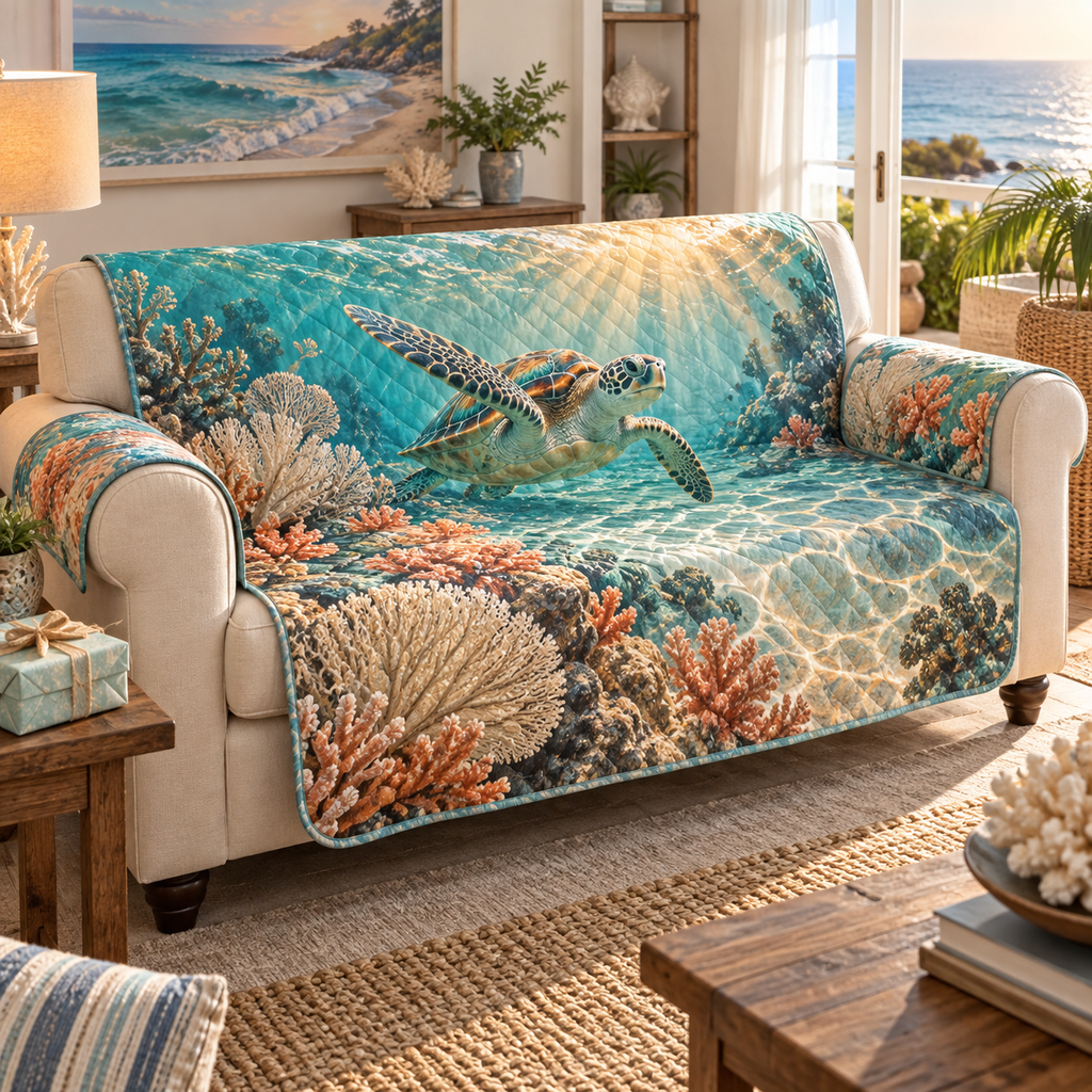 One sofa cover with original Sea Turtle Sunlit Welcome optical-depth print.