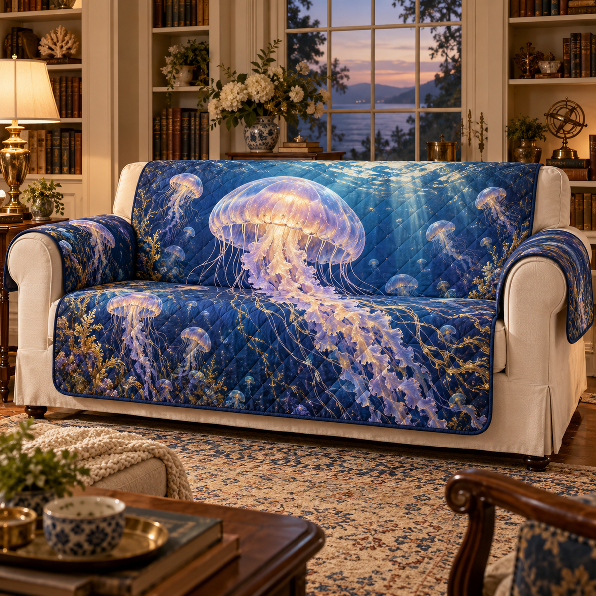 One sofa cover with original Jellyfish Moonlit Library optical-depth print.