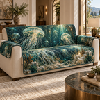 One sofa cover with original Jellyfish Verdigris Atrium optical-depth print.