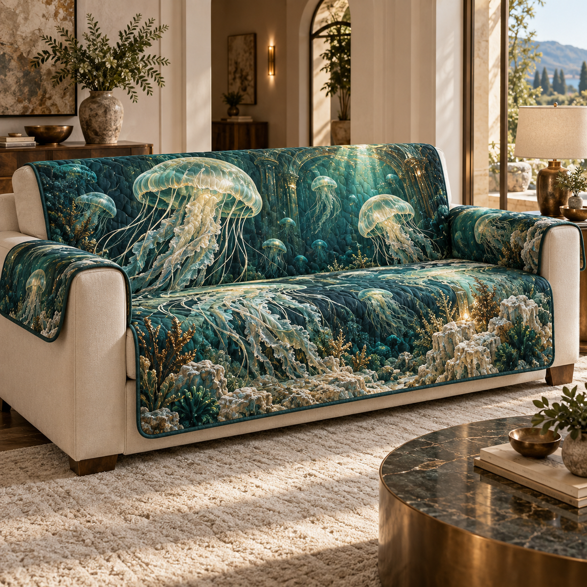 One sofa cover with original Jellyfish Verdigris Atrium optical-depth print.
