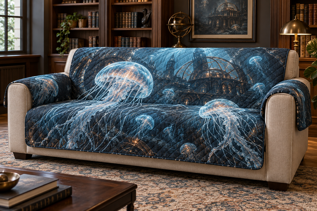 One sofa cover with original Jellyfish Copper Observatory optical-depth print.