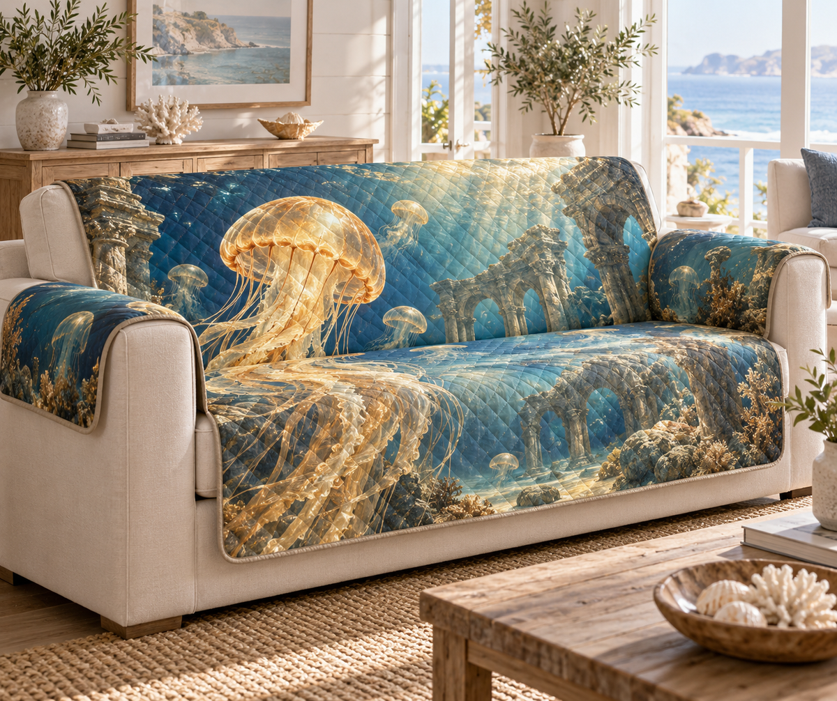 One sofa cover with original Jellyfish Amber Tidehall optical-depth print.