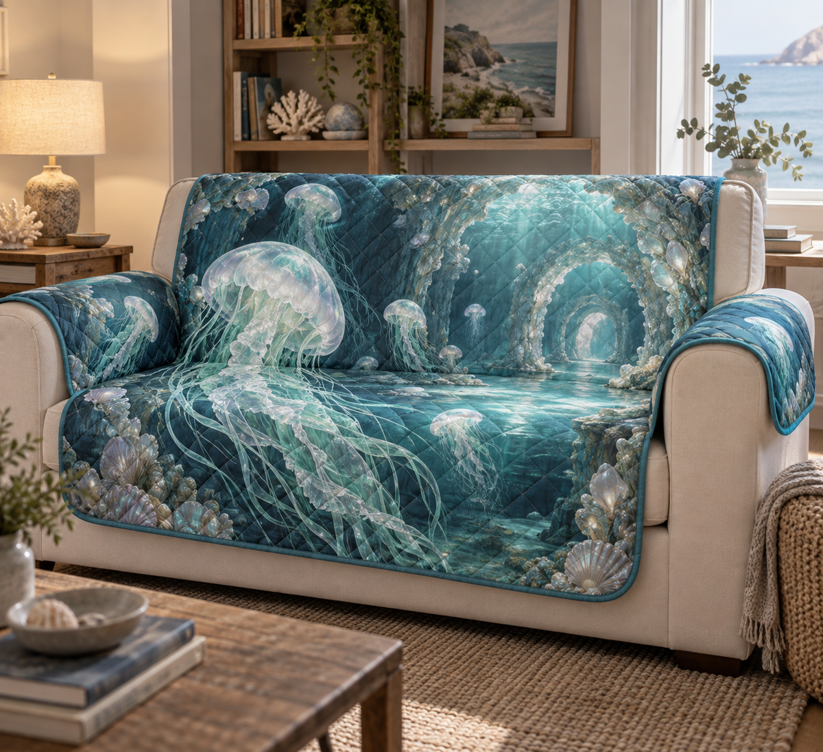 One sofa cover with original Jellyfish Selenite Cove optical-depth print.