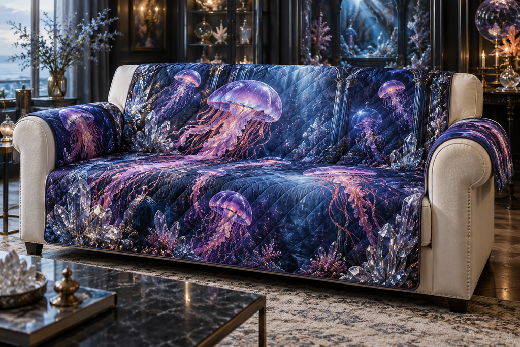 One sofa cover with original Jellyfish Prism Cabinet optical-depth print.