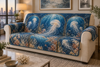 One sofa cover with original Jellyfish Tidal Triptych optical-depth print.