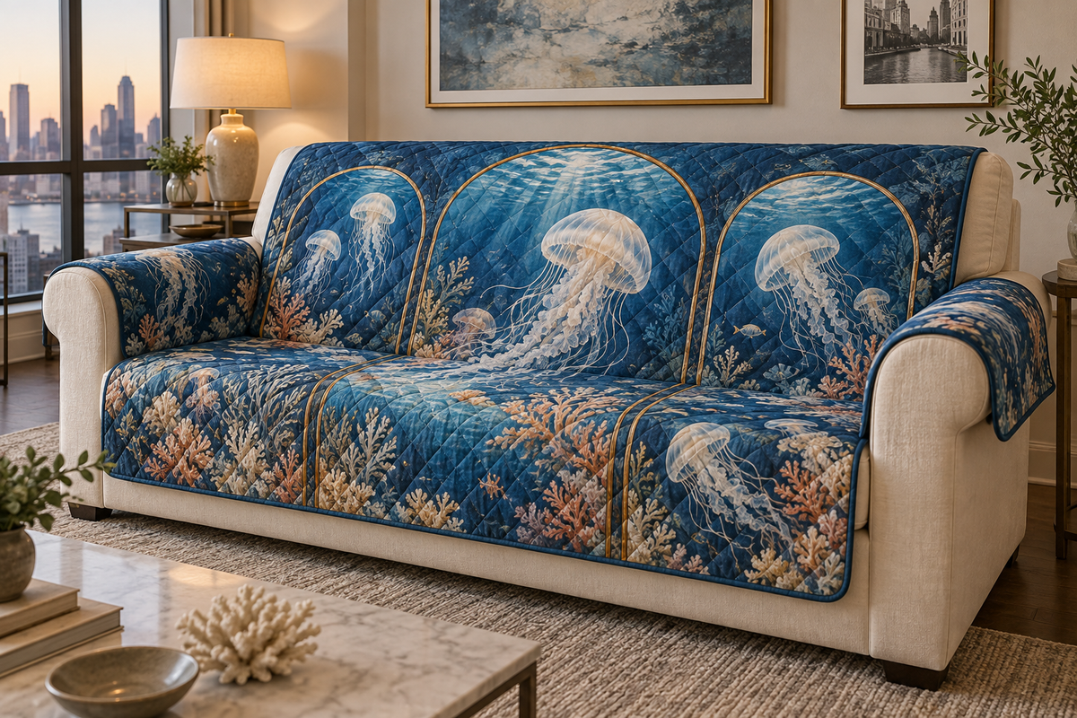 One sofa cover with original Jellyfish Tidal Triptych optical-depth print.