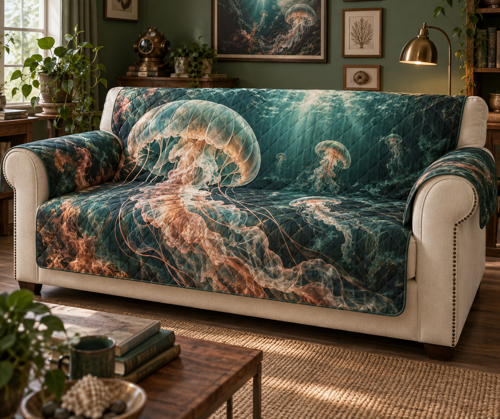 One sofa cover with original Jellyfish Ink Atelier optical-depth print.