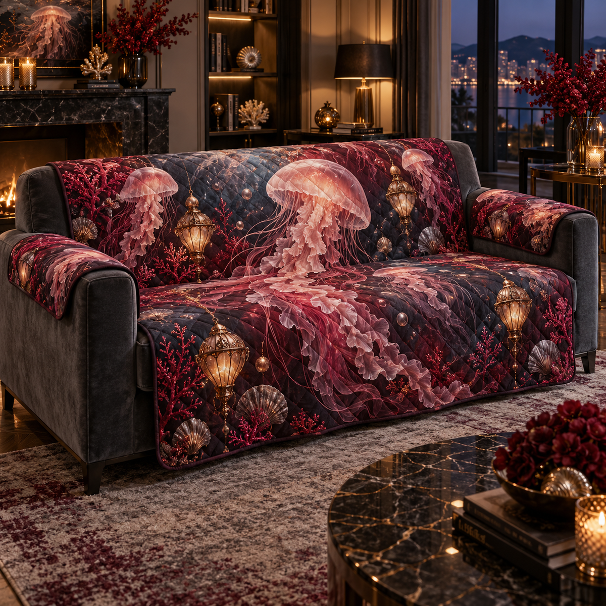 One sofa cover with original Jellyfish Garnet Lantern optical-depth print.